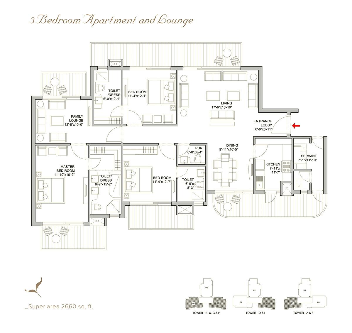 3BHK + Family Lounge + Servant