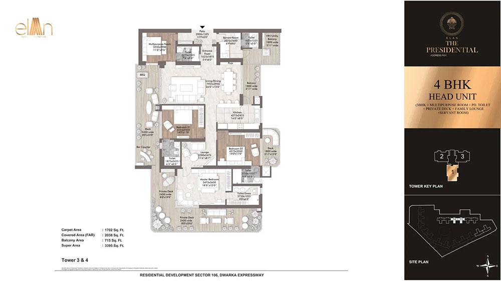 3 BHK Head Unit (4BHK + Multipurpose Room + PD. Toiler + Private Deck + Family Lounge + Servant Room