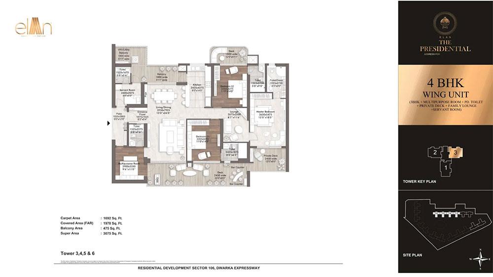 4 BHK Head Unit (3BHK +  Multipurpose Room +  PD. Toiler + Private Deck + Family Lounge + Servant Room