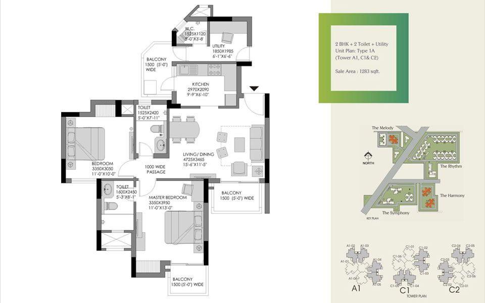 2 BHK + 2 Toilet + Utility