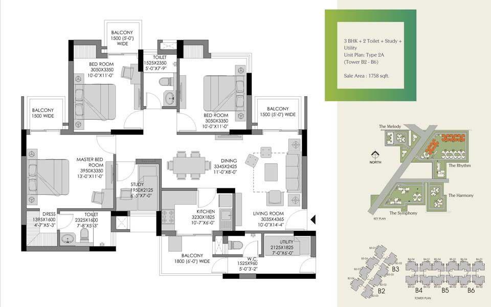 3 BHK + 2 Toilet + Study + Utility