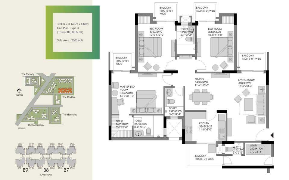 3 BHK + 3 Toilet + Study + Utility