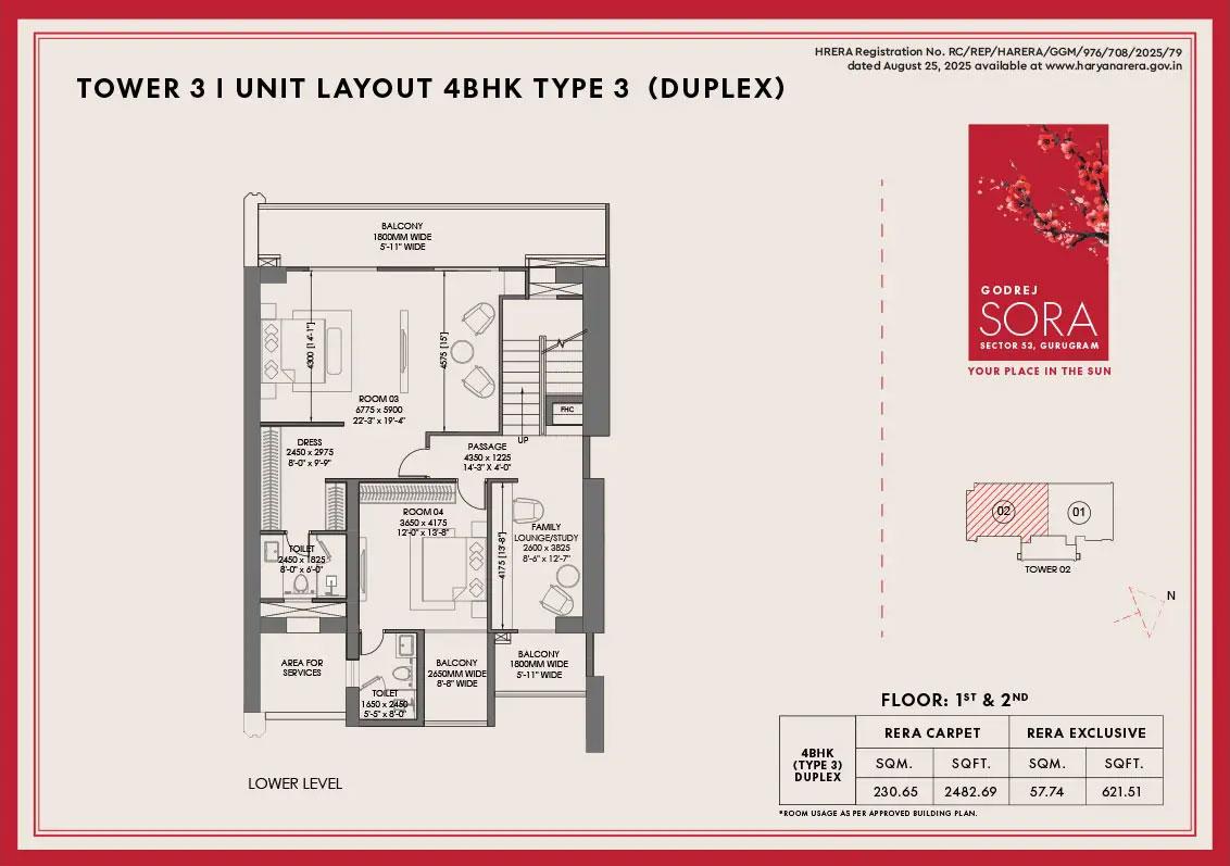 Tower 3 - Unit Layout 4BHK Type 3 (Duplex)
