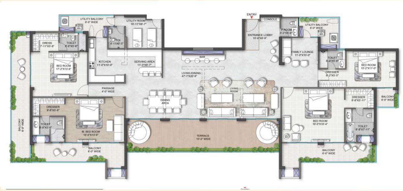 Penthome : 5 BR + Family Lounge + Utility