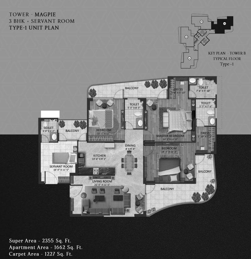 3 BHK + Servant Room, Tower : Magpie