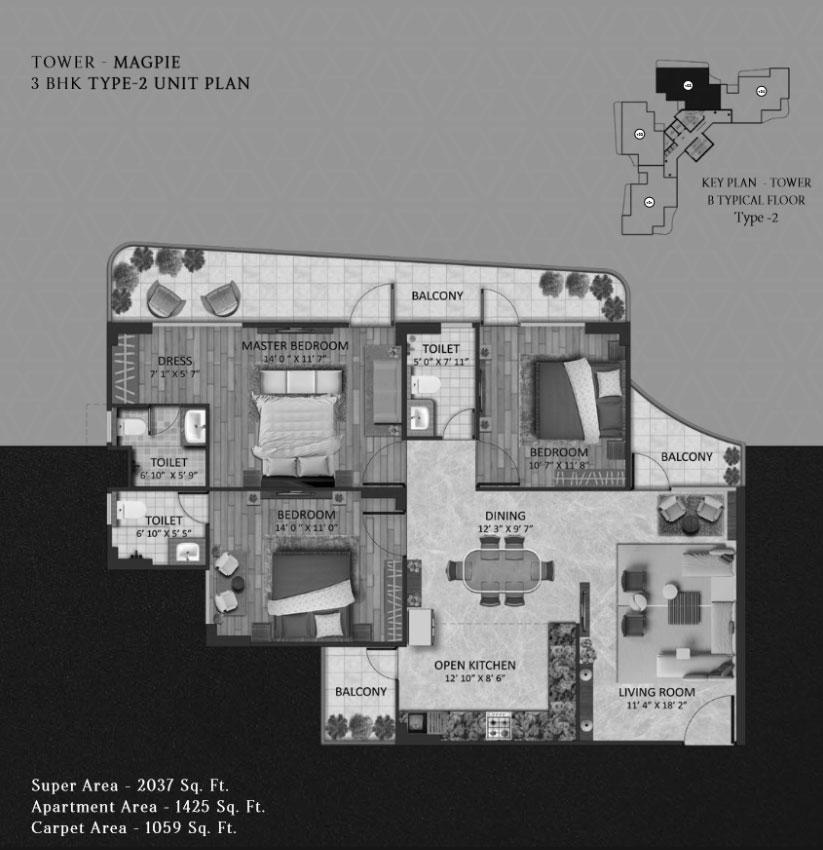 3 BHK + Type 2, Tower : Magpie