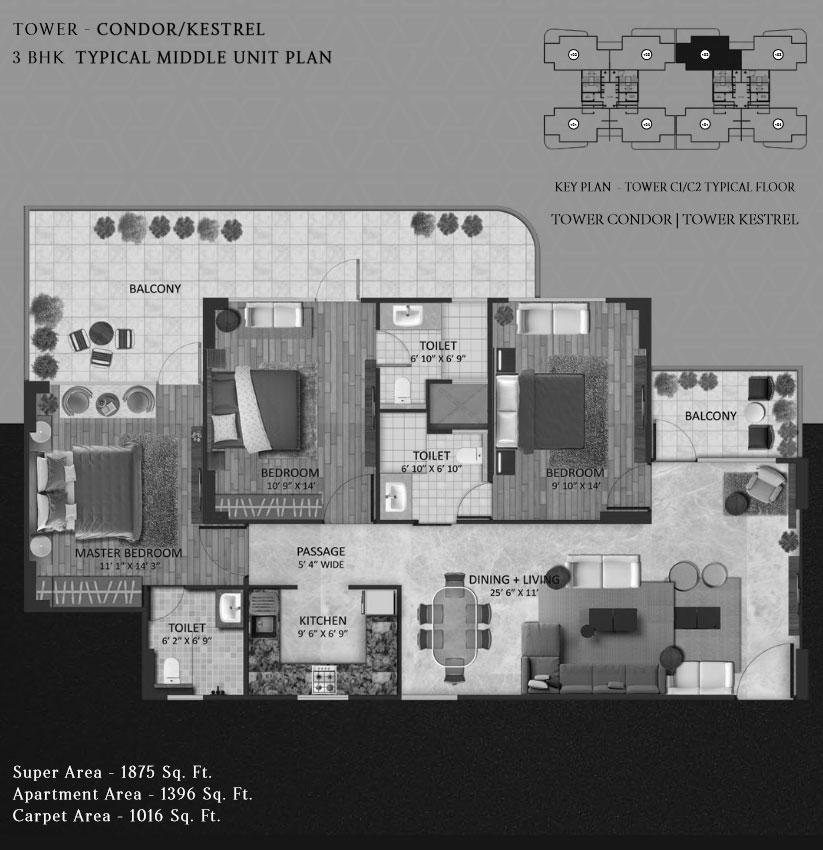 3 BHK Typical Middle Unit Plan, Tower : Condor / Kestrel