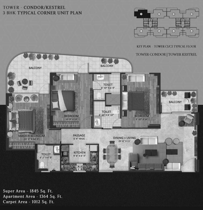 3 BHK Typical Corner Unit Plan, Tower :  Condor / Kestrel