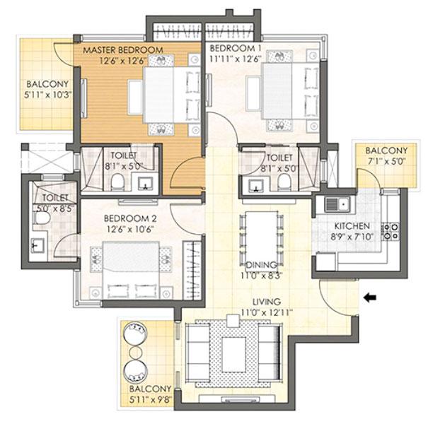 3BHK : Type A (Tower - D & E)
