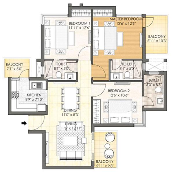 3BHK : Type B (Tower - D & E)
