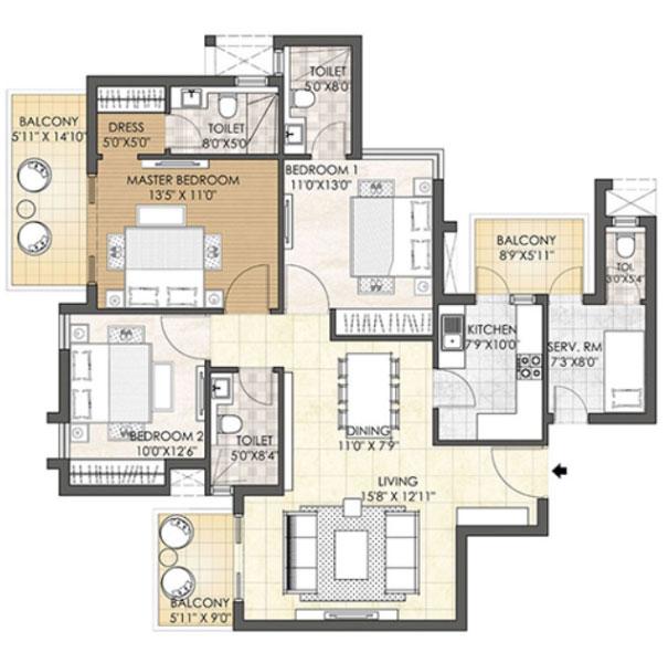 3BHK : Type A (Tower - A,C & F)