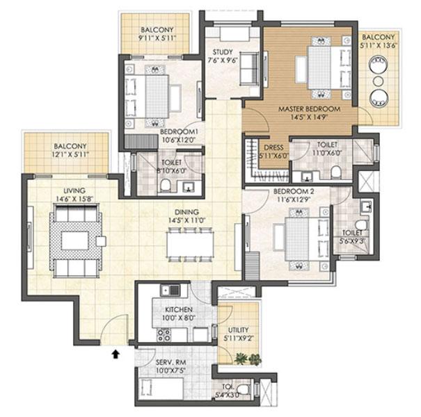 3BHK + SR+ Study : Type B (Tower B)