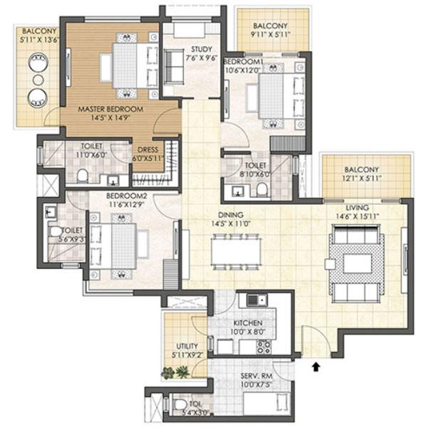 3BHK + SR+ Study : Type B (Tower B)