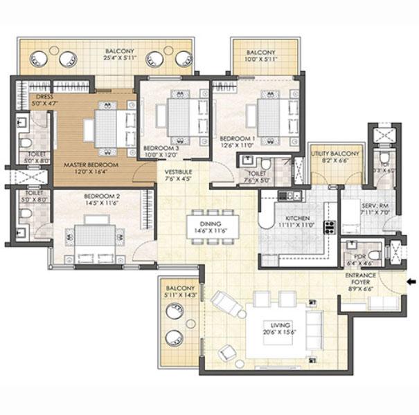 4BHK + SR+ Study : Type A (Tower H & J)
