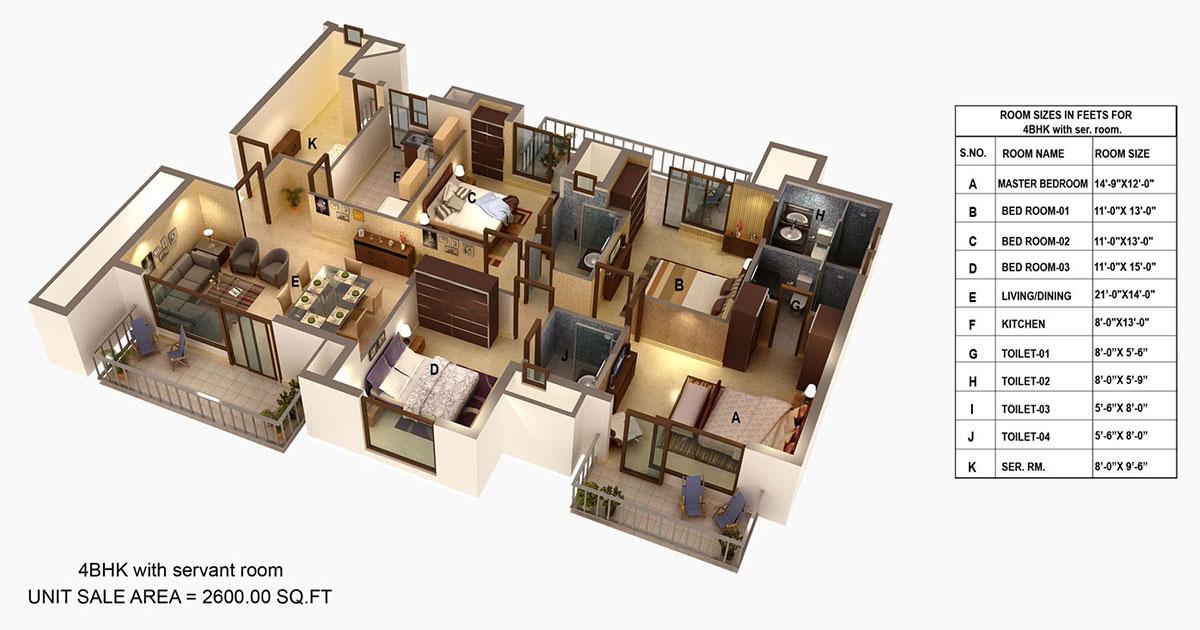 4 BHK with Servant Room