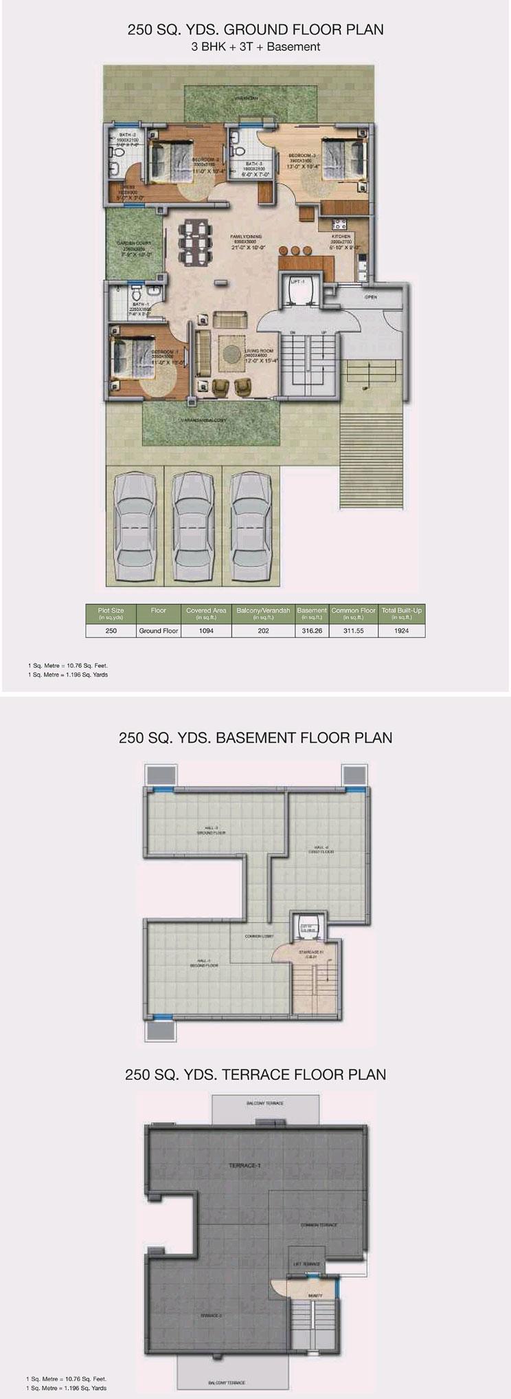 3 BHK + 3T + Basement Ground Floor Plan