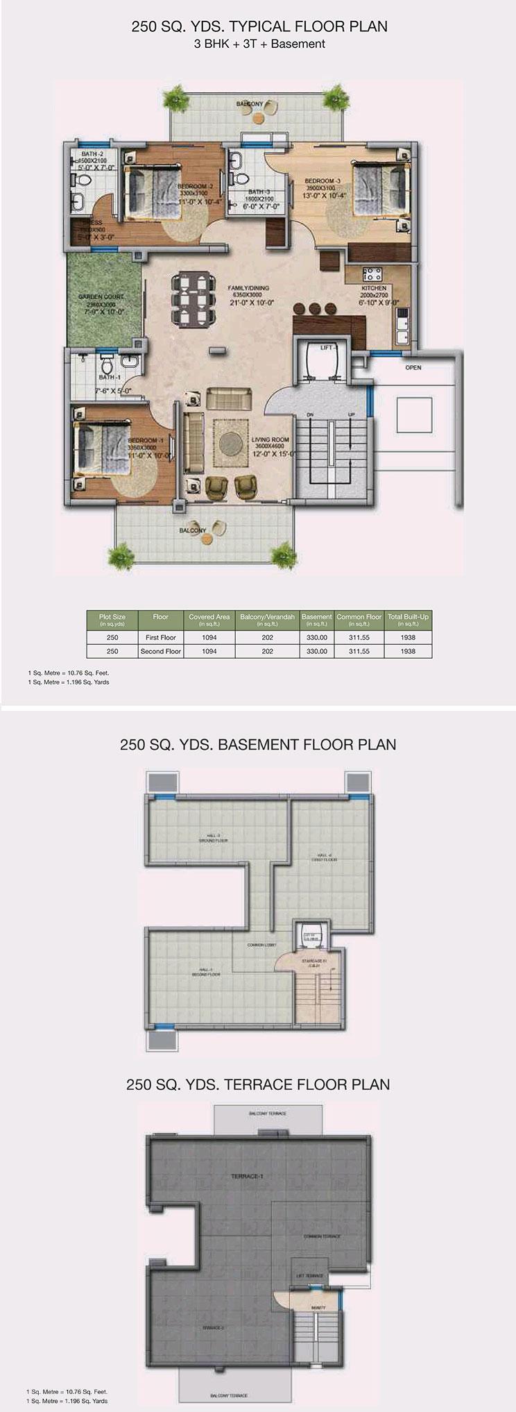 3 BHK + 3T + Basement Typical Floor Plan