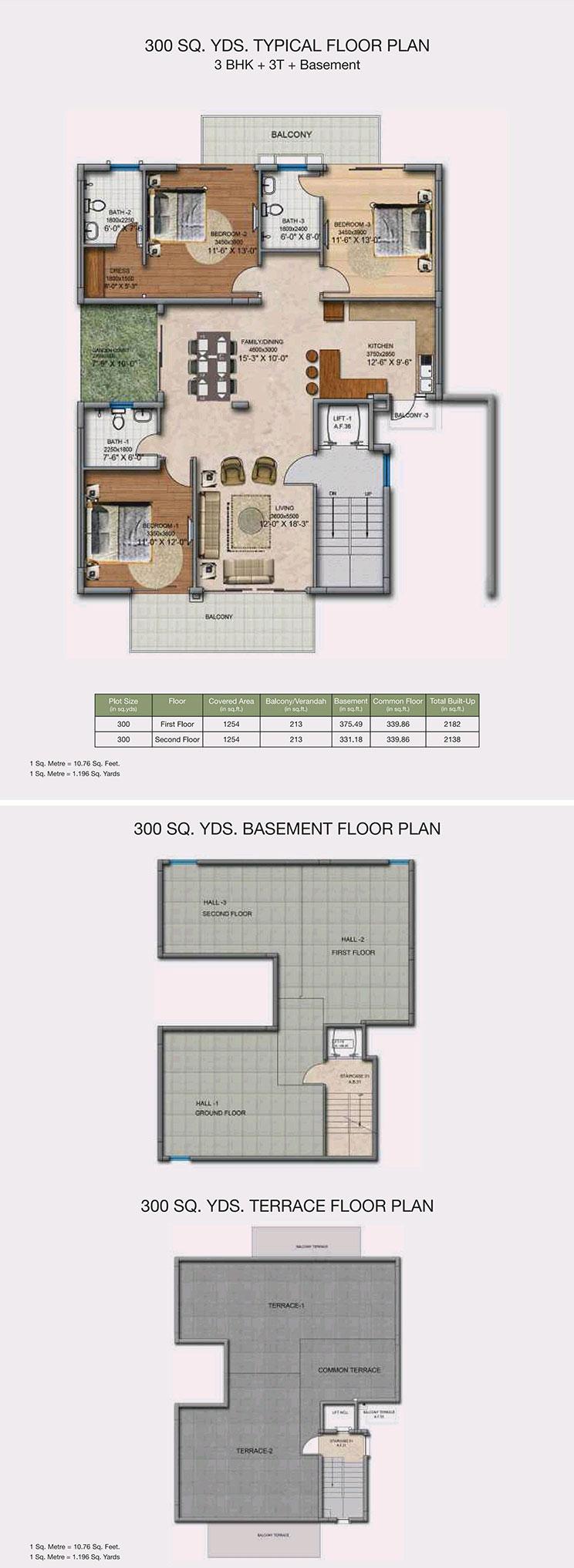 3 BHK + 3T + Basement Typical Floor Plan