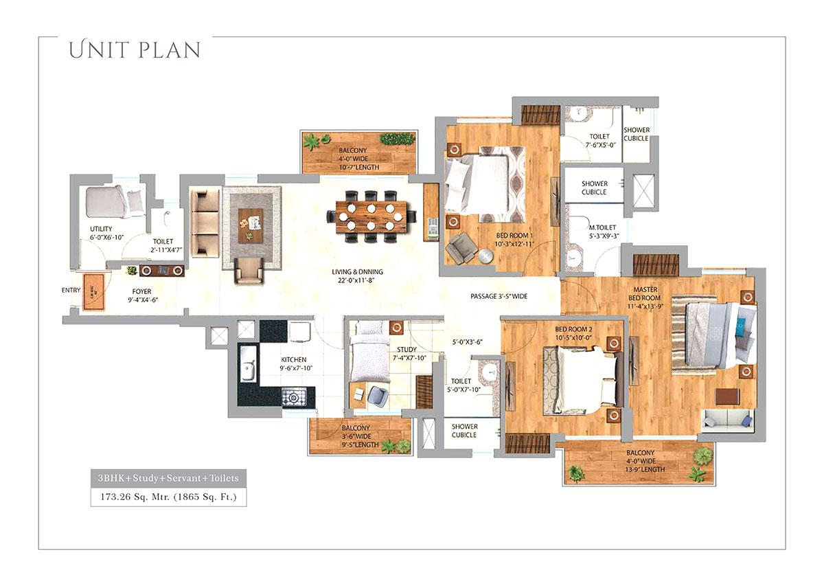 3 BHK + Study + Servant Room