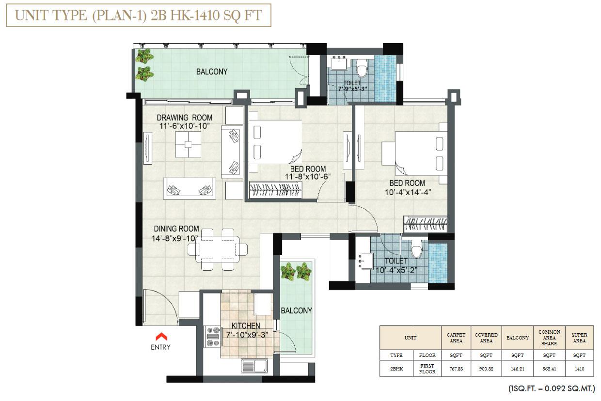 Unit Type (Plan 1) 2BHK
