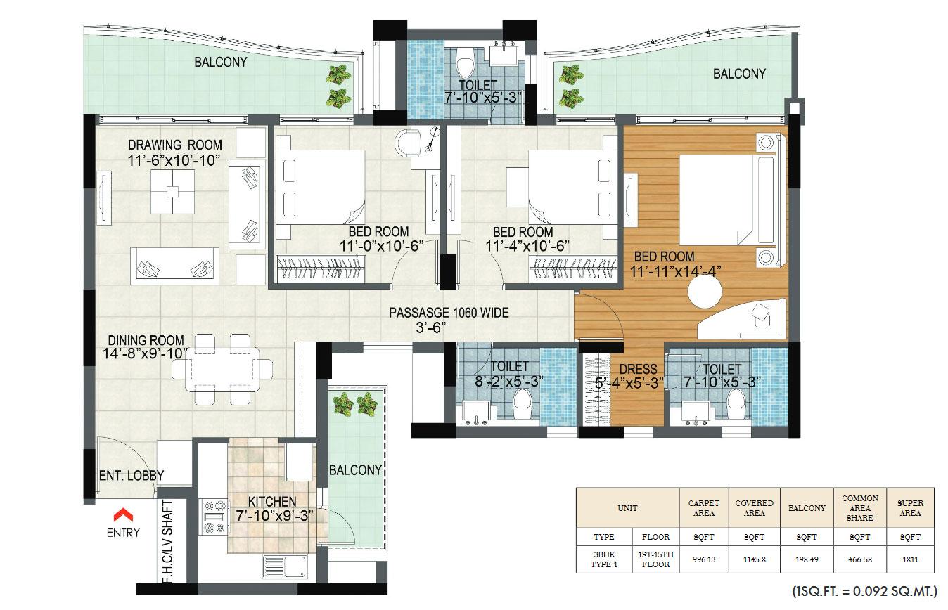 Unit Type (Plan 2) 3BHK (1st to 15th Floor)