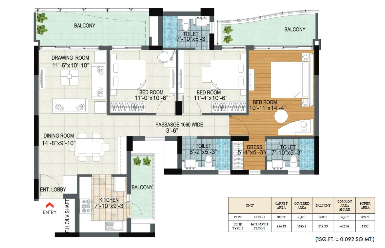Unit Type (Plan 3) 3BHK (16st to 19th Floor)