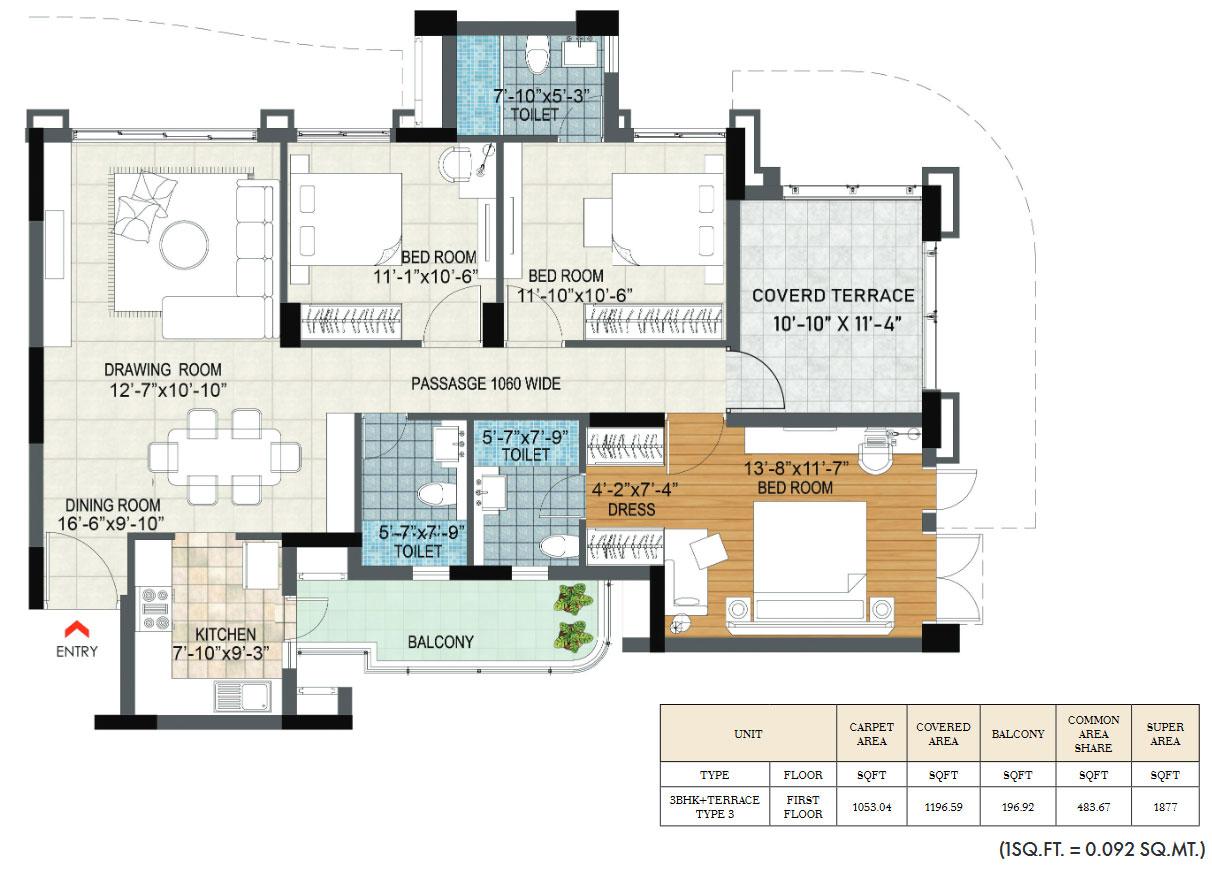 Unit Type (Plan 4) 3BHK + Terrace