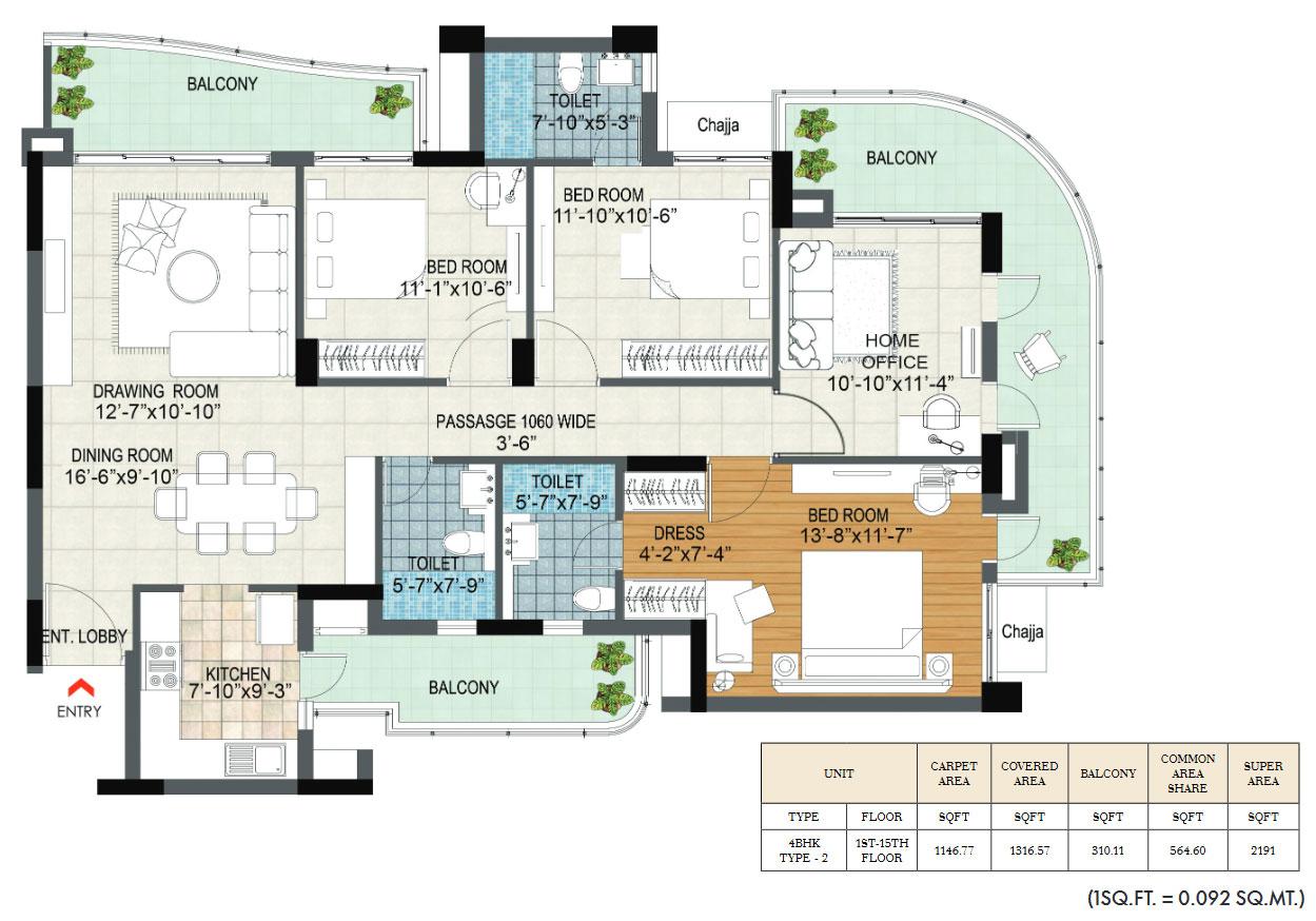 Unit Type (Plan 6) 3BHK + Home Office (First Floor)
