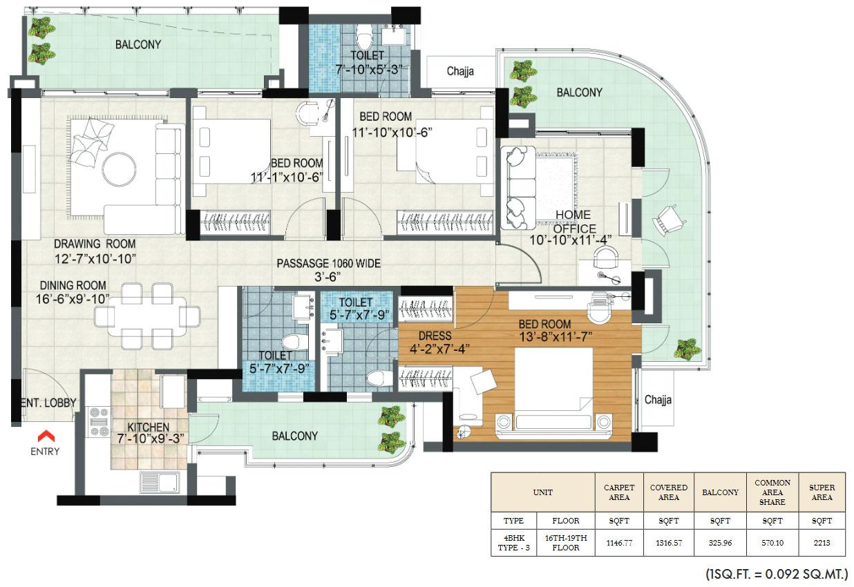 Unit Type (Plan 7) 3BHK (16st to 19th Floor)