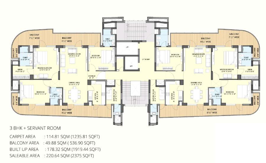 3 BHK Unit + Servant Room