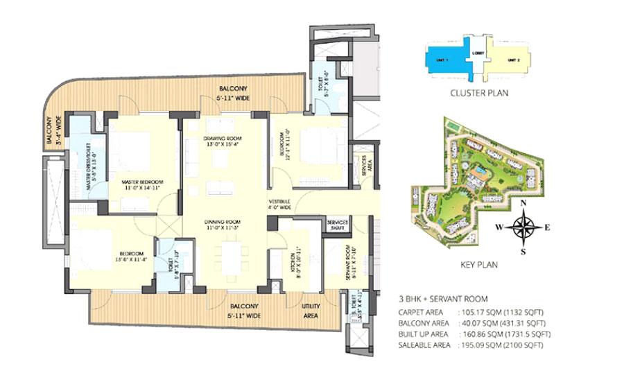 3 BHK Unit + Servant Room