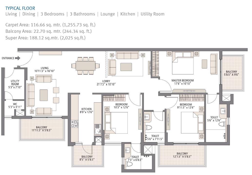 Typical Floor : 3 Bedrooms + 3 Bathrooms + Lounge + Kichen + Utility Room  + Living + Dinning