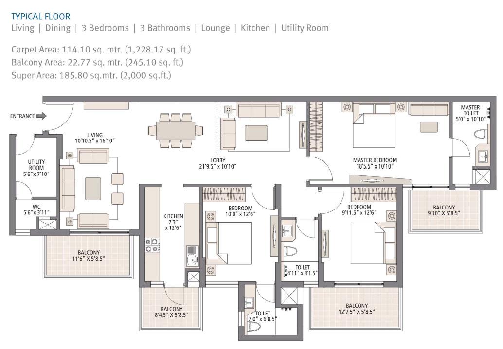 Typical Floor : 3 Bedrooms + 3 Bathrooms + Lounge + Kichen + Utility Room  + Living + Dinning