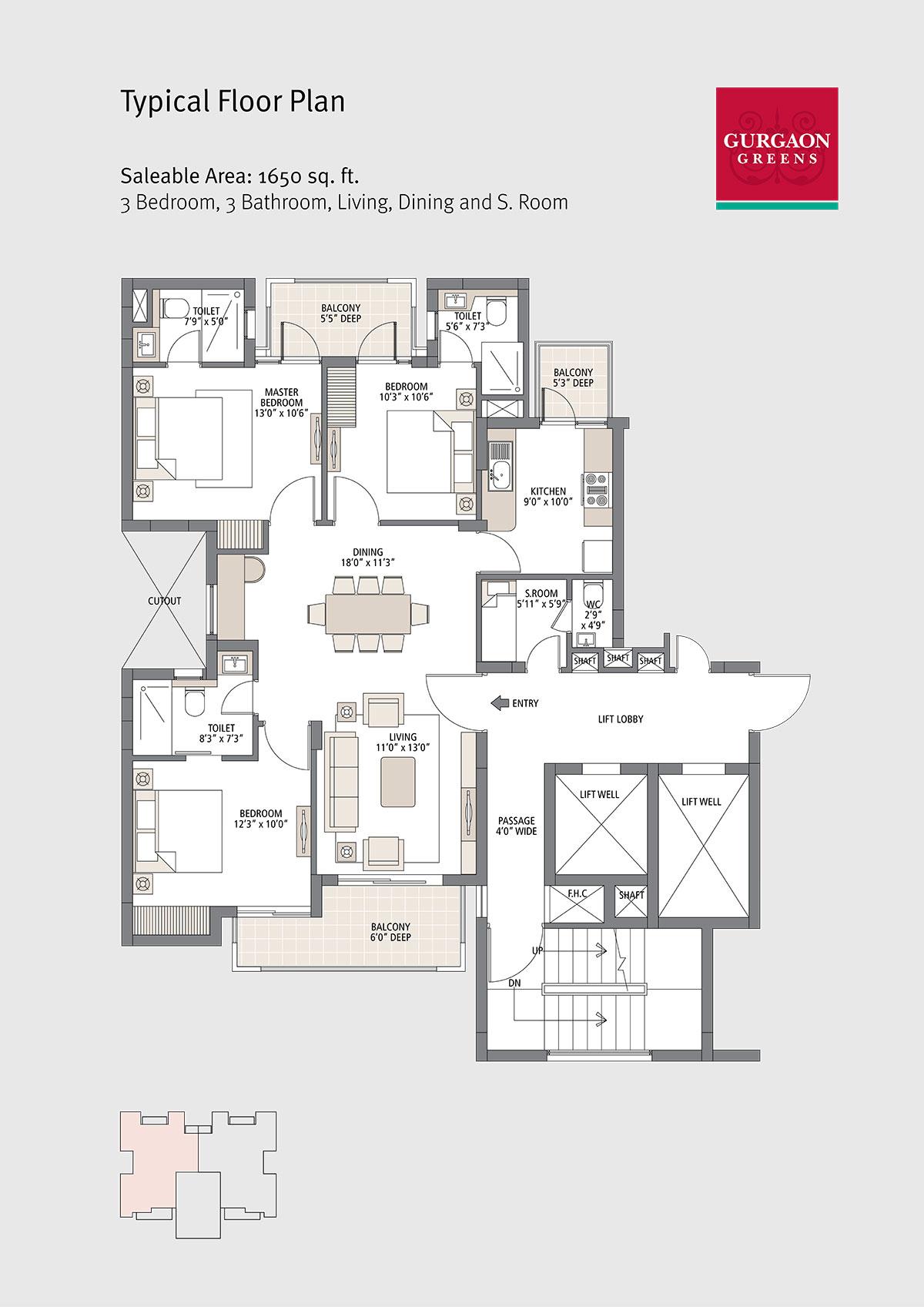 Typical Floor Plan 3 Bedroom, 3 Bathroom, Living, Dining and S. Room