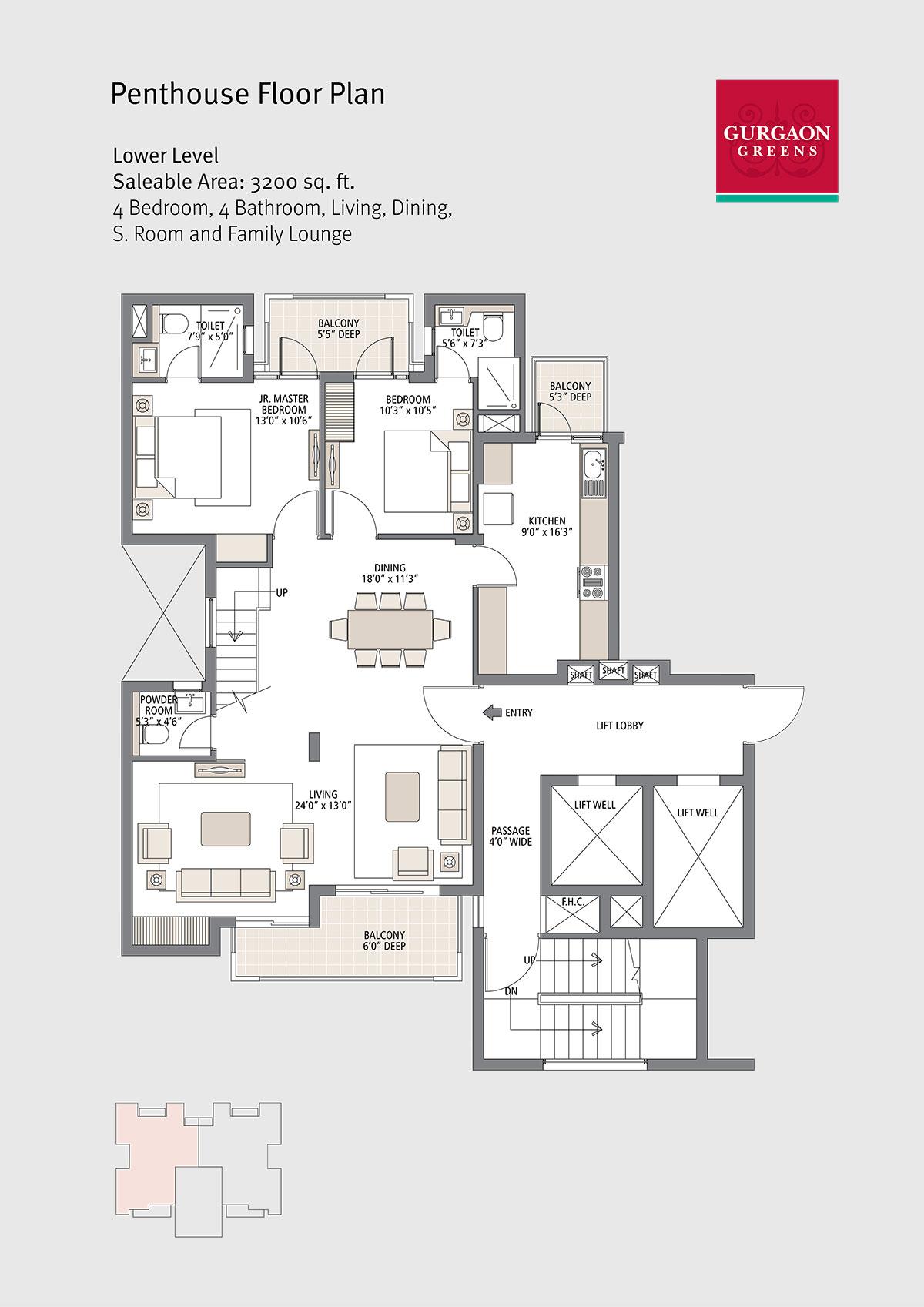 Penthouse Floor Plan (Lower Level)  4 Bedroom, 4 Bathroom, Living, Dining, S. Room and Family Lounge