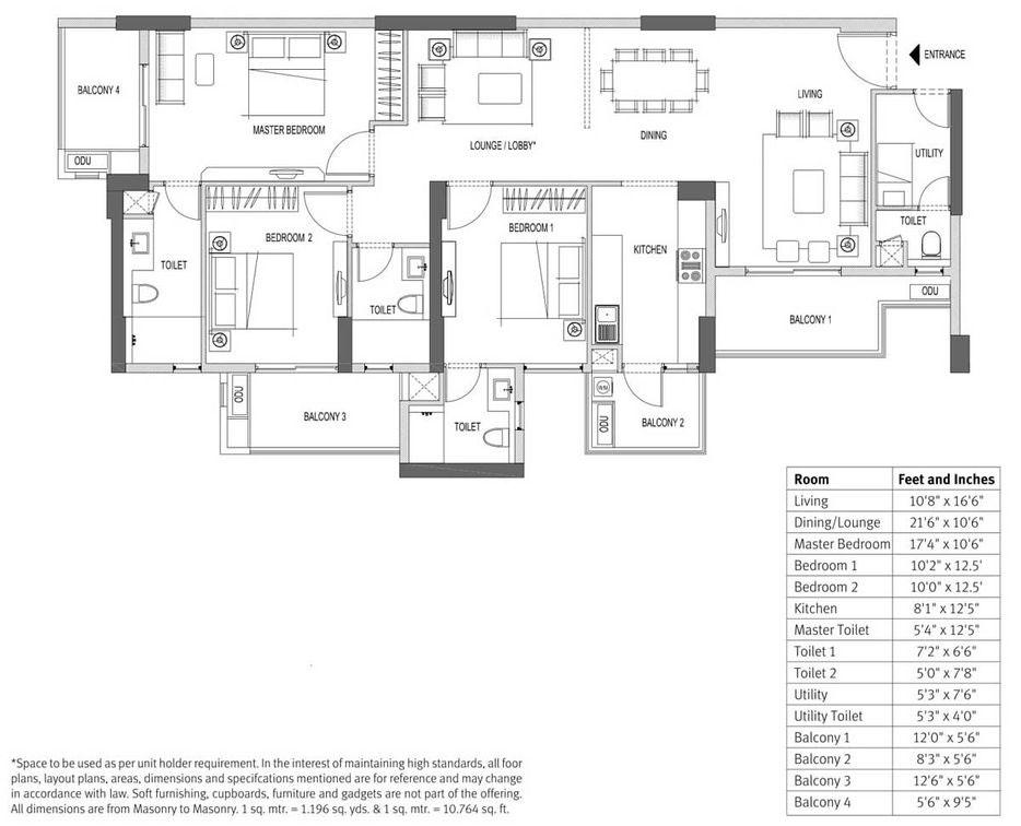 3 BHK + Lounge + Utility