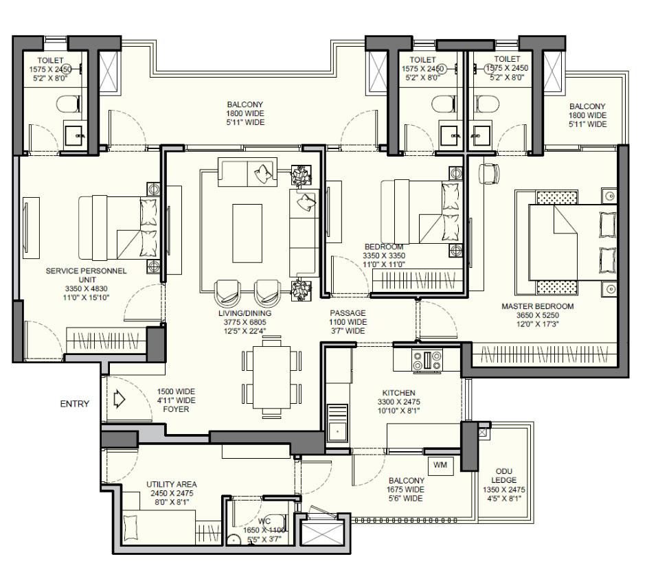 3BHK+ 3T+U-T (TYPE B)*