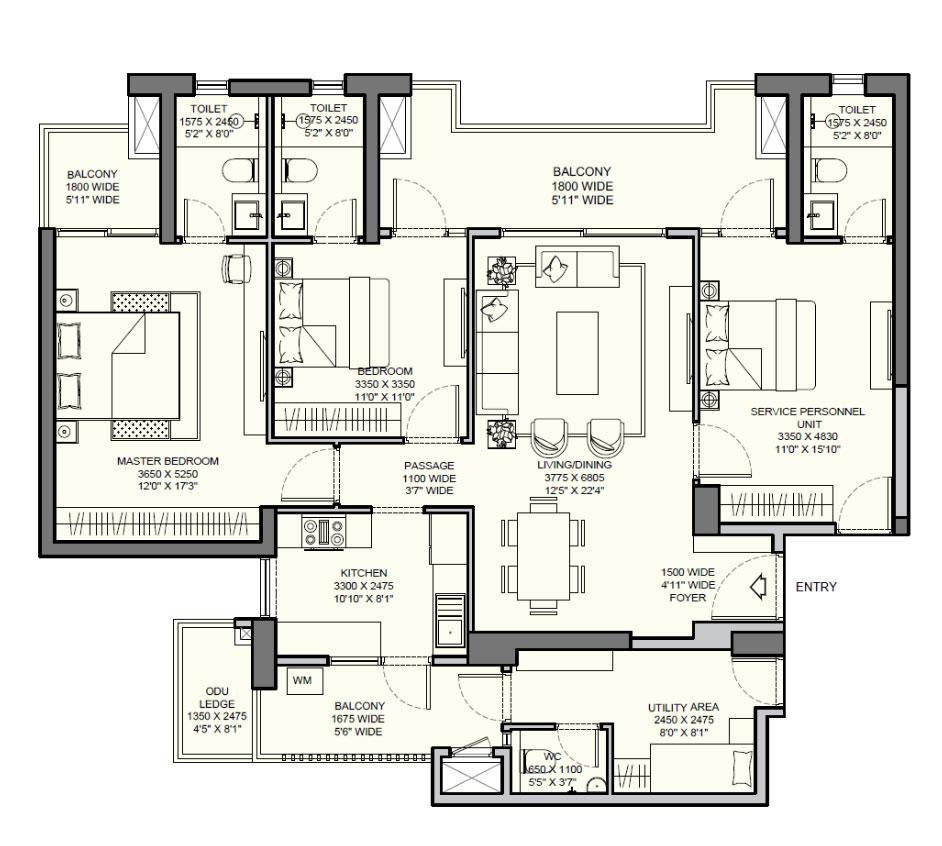 3BHK+ 3T+U-T (TYPE A)*