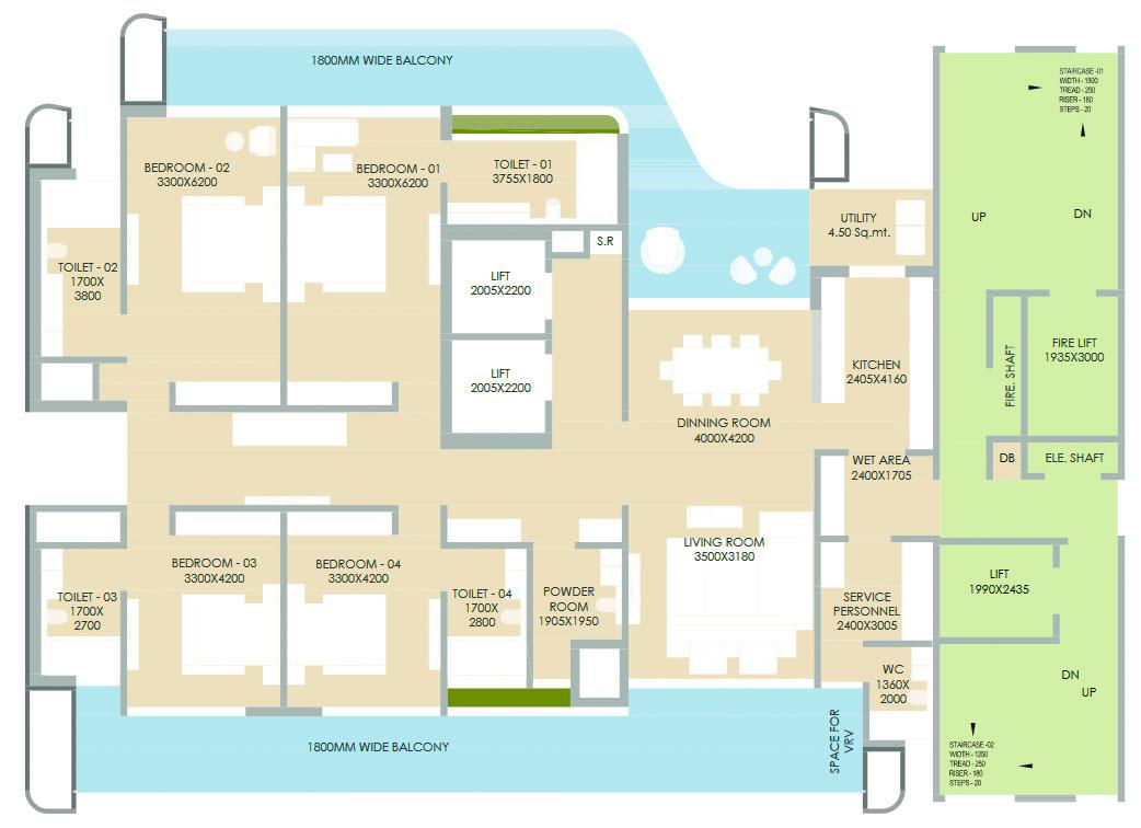 Typical Floor Plan 4BHK Unit - 4A