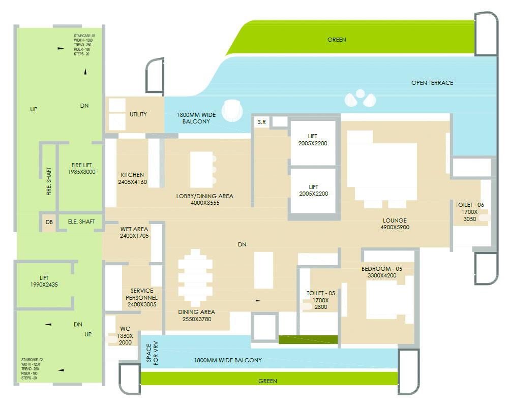 Typical Floor Plan 5BHK Unit - 5B (Upper Unit)
