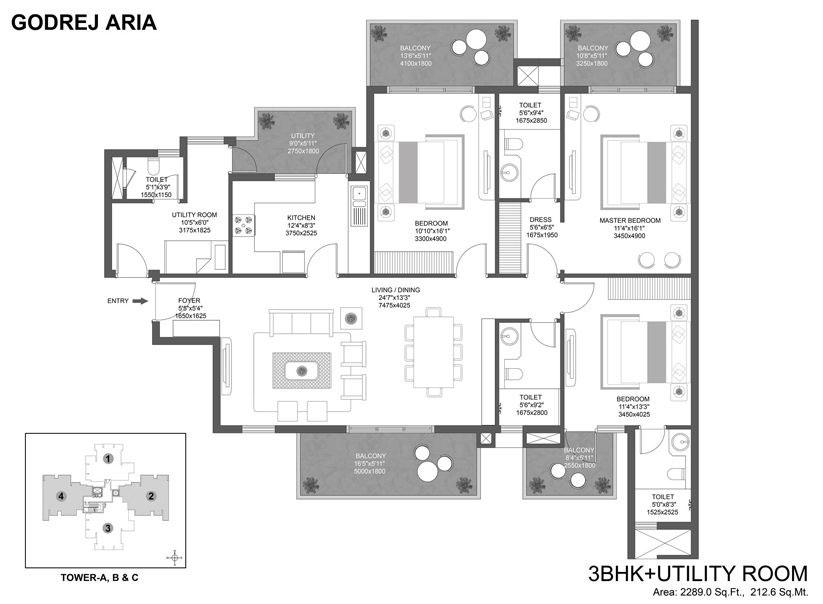 3 BHK + SQ
