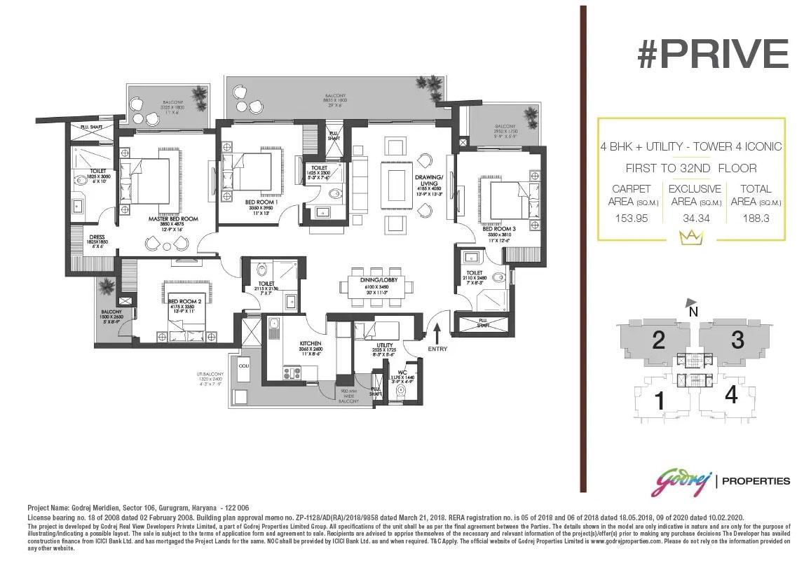 4 BHK + Utility, Tower : Tower 4 Iconic, Floor : 1th to 32 Floor