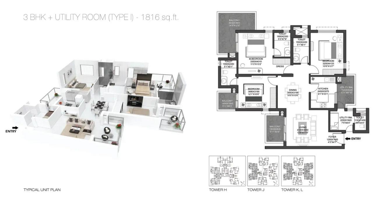 3 BHK + Utility Room