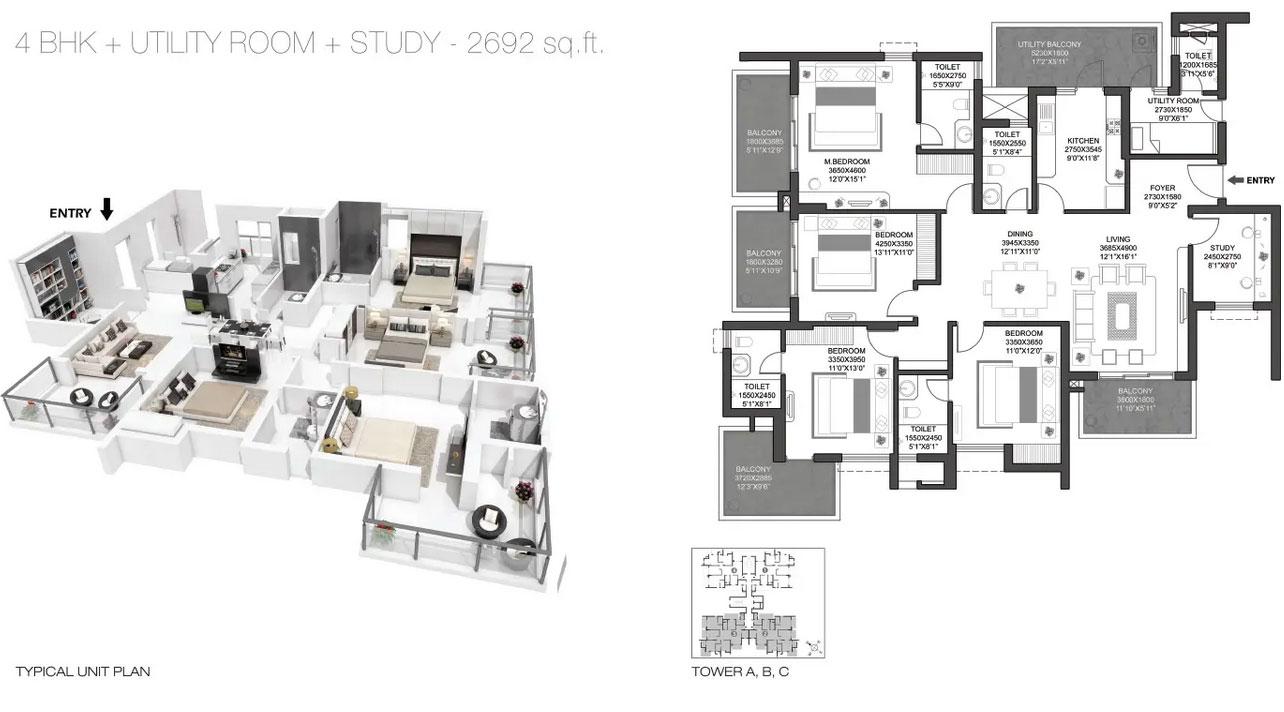 4 BHK + Utility Room + Sutdy