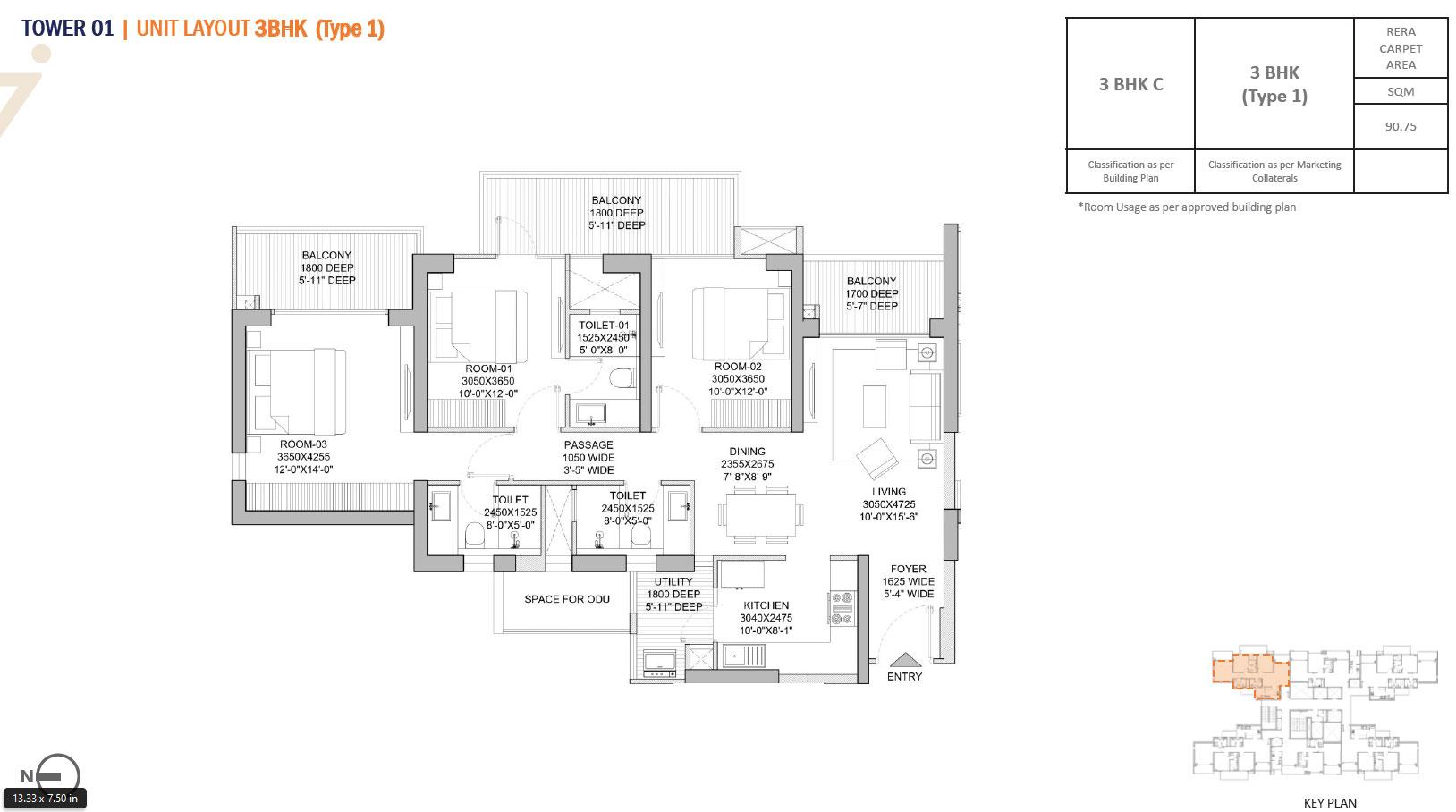 Tower 1 Floor Plan : 3 BHK C+ Type