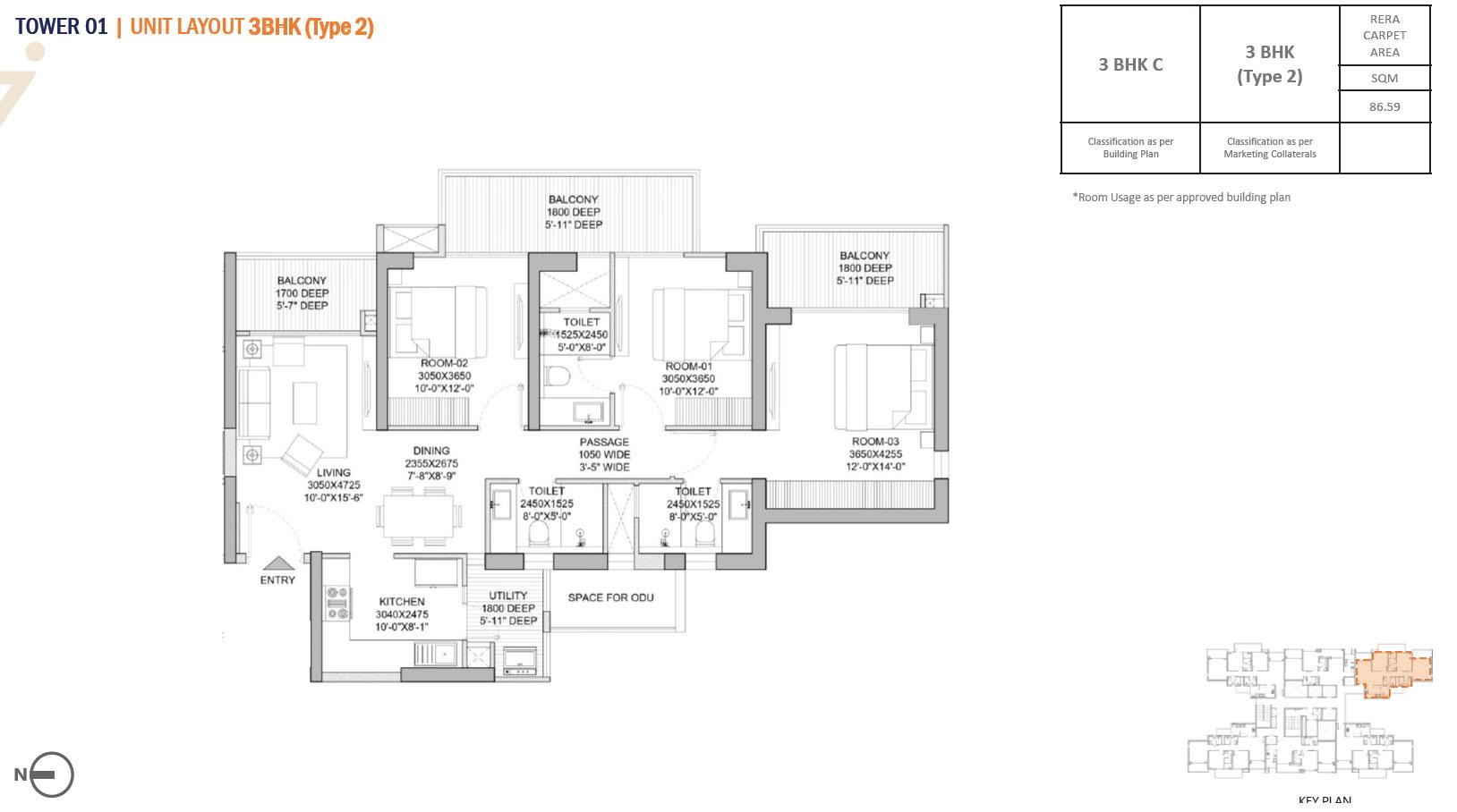 Tower 1 Floor Plan : 3 BHK C (Type 2)