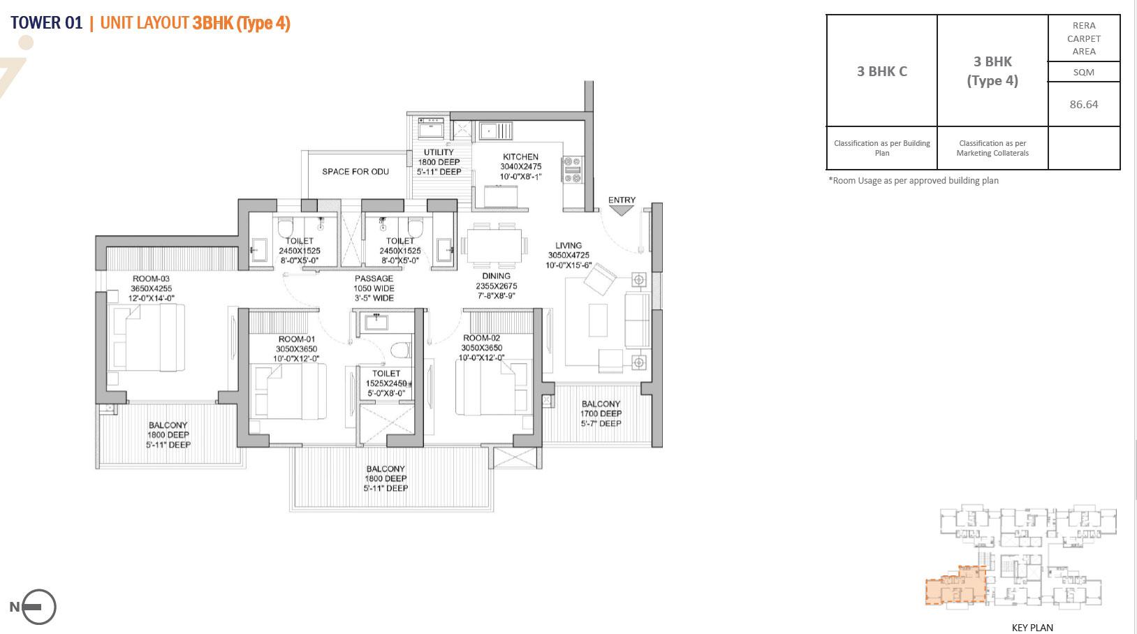 Tower 1 Floor Plan : 3 BHK C Type 4