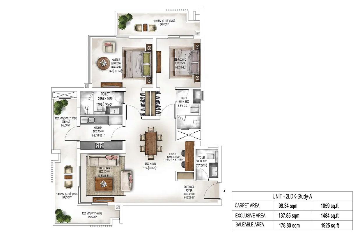 Tower 2 & 3 Unit Plans : 2LDK-Study-A