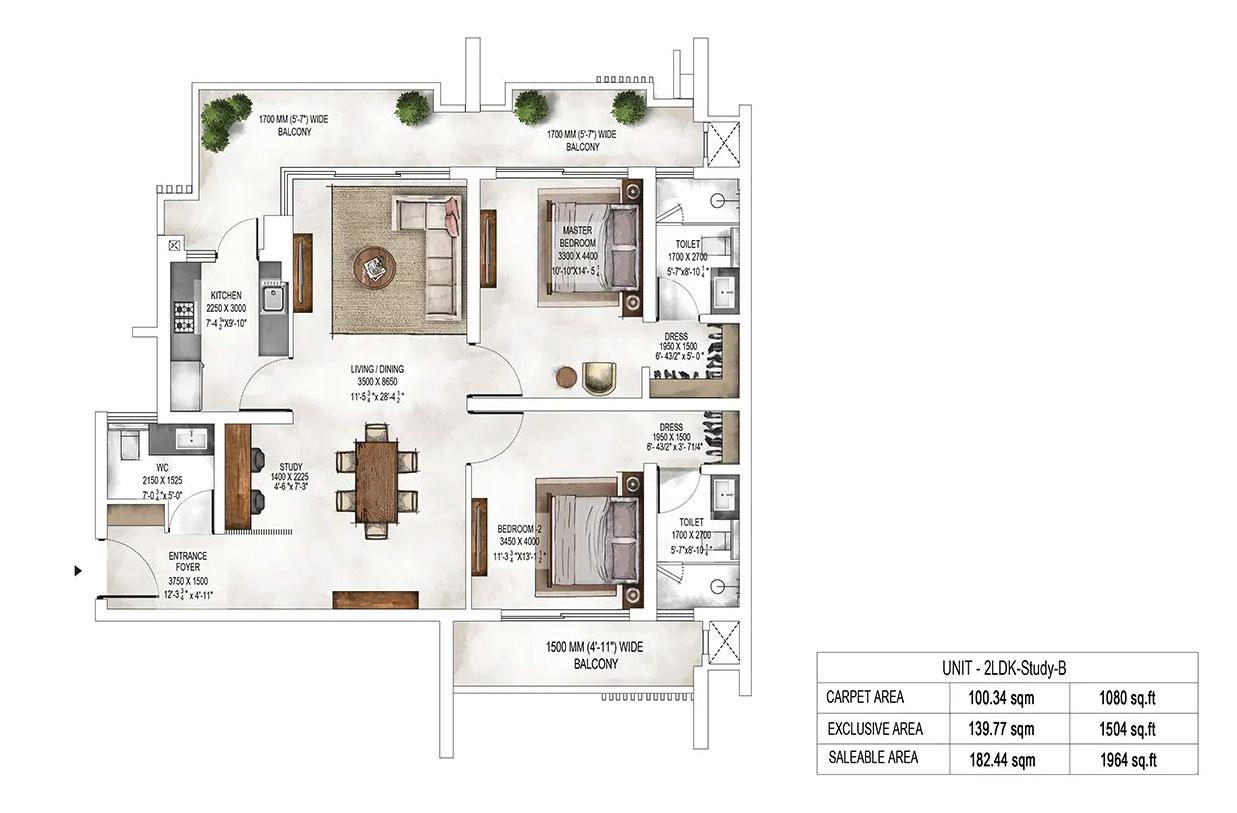 Tower 2 & 3 Unit Plans : 2LDK-Study-B