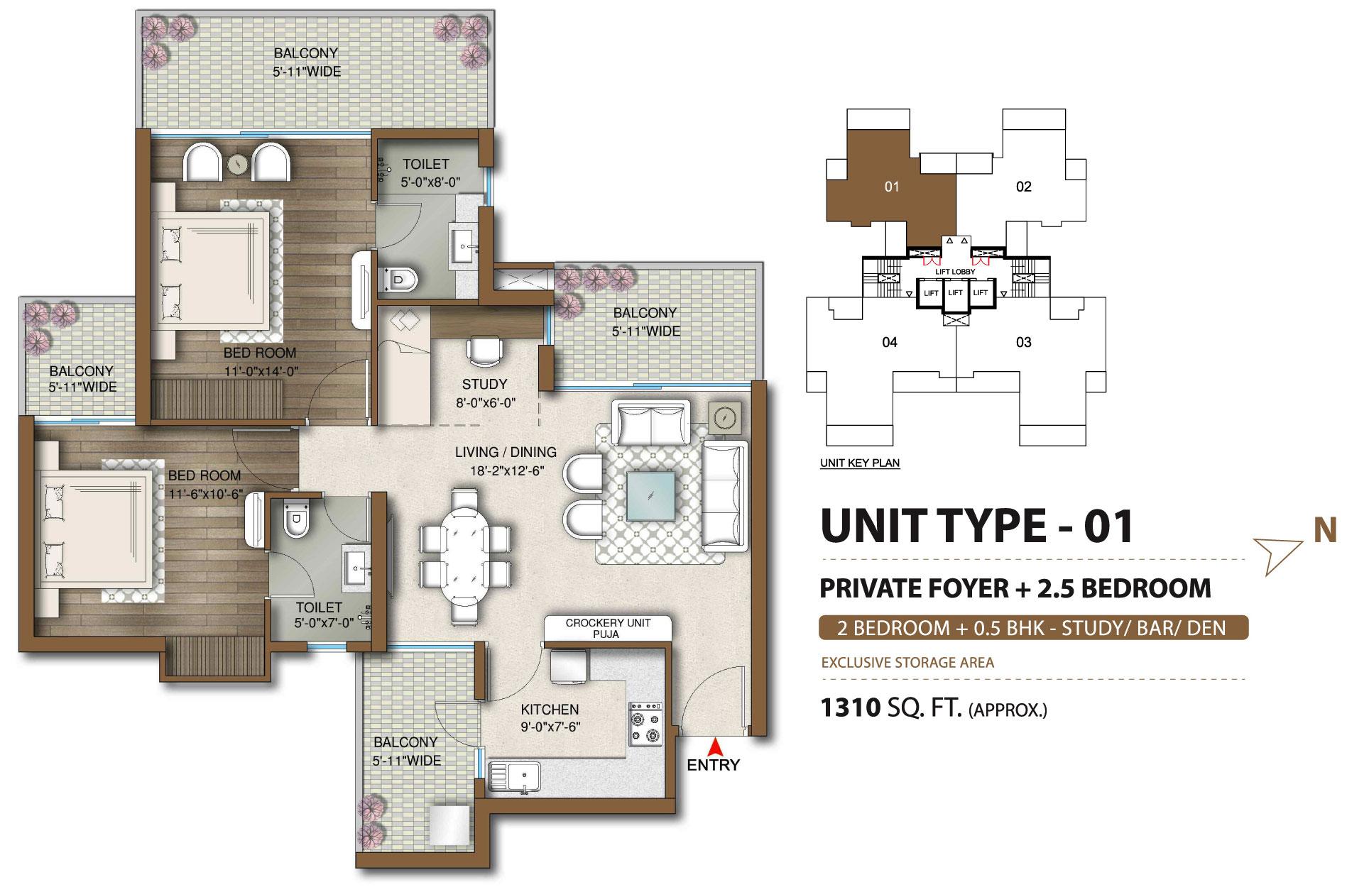 Private Foyer + 2.5 BHK + 0.5- Study/Bar/Den